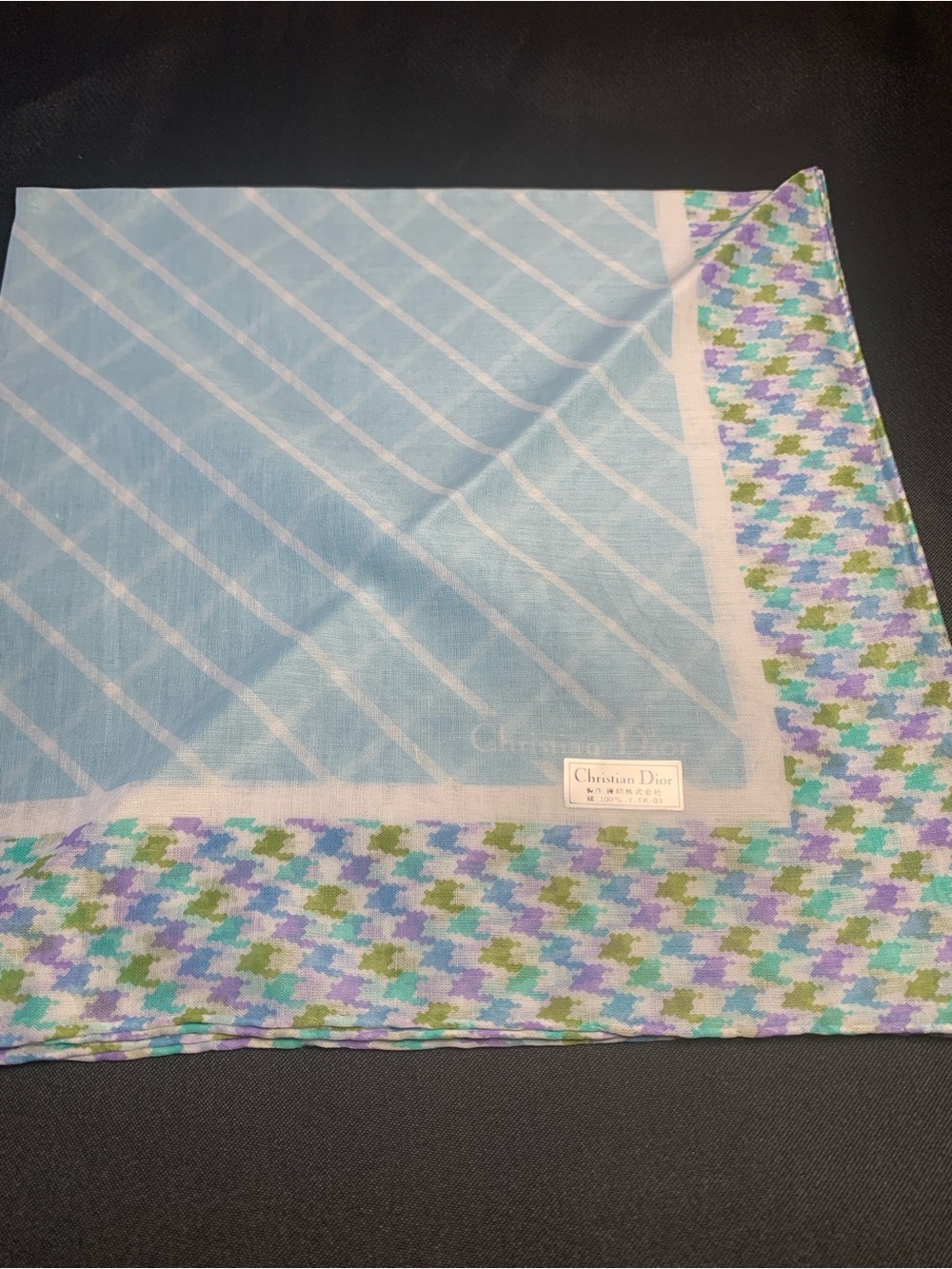 Dior Light Blue Cotton Scarf with Multicolor Houndstooth Border